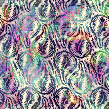 Bulanık gökkuşağı arızası, sanatsal yaprak dokusu. Düzensiz kanayan suluboya kravat, dikişsiz boya deseni. Ombre 'nin boho yaprağı her yere dağılmış. Değişik moda daldırma ıslak etkisi.