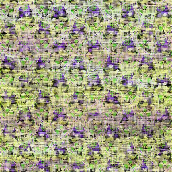 Seamless distressed mottled tie dye woven texture background.Distressed boho blur washed pattern. Blotched aged lime yellow purple cloth effect. Ragged old mash up painterly collage all over print. — Stock Photo, Image