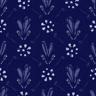 İndigo mavisi çiçek bloğu boyanmış keten desenli arka plan. Kusursuz örülmüş Japonlar batik kumaş örneklerini tekrarlıyorlar. Çiçeksel organik bulanık blok izleri tekstilin her yerinde.