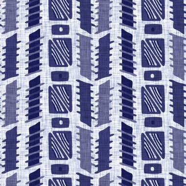 Kusursuz çivit desenli. Mavi örülmüş boro keten pamuk boyalı efekt arka planı. Japonlar batik direncini tekrarlıyor. Tekstil izlerinin her yerinde Asya çizgileri var..