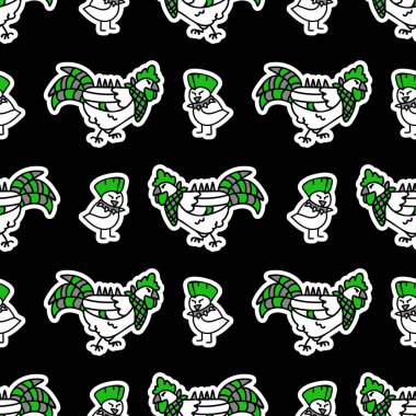 Siyah arka planda sevimli punk rock tavuğu ve piliç. Çizgi film hayvanlarıyla süslenmiş tuhaf bir ev dekoru. Her yerde kusursuz rockçı tavrı. 