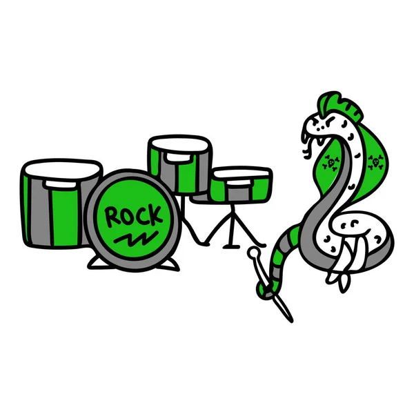 Punk rock serpent avec tambour ensemble clipart vectoriel illustration. Autocollant alternative simple. Enfants emo rocker mignon dessin animé dessin à la main motif animal. — Image vectorielle