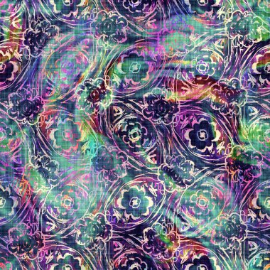Bulanık gökkuşağı arızası sanatsal kolaj dokusu arka planı. Düzensiz kanayan suluboya kravat, dikişsiz boya deseni. Ombre boho batik 'i her yerde bozmuş. Değişik modaya uygun ıslak etki.
