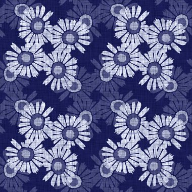 İndigo mavisi çiçek bloğu boyanmış keten desenli arka plan. Kusursuz örülmüş Japonlar batik kumaş örneklerini tekrarlıyorlar. Çiçeksel organik bulanık blok izleri tekstilin her yerinde.