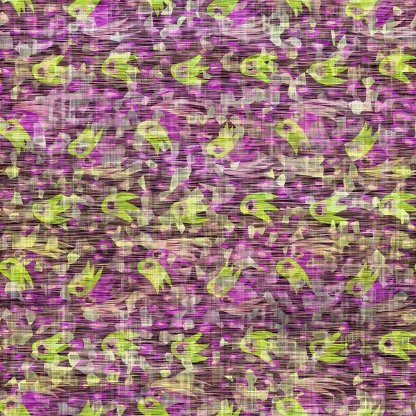 Zökkenőmentes zavaros foltos nyakkendő festék virágos textúra háttér.Zavart boho elmosódott minta. Foltos, öregített lime sárga lila ruha hatás. Rongyos régi mash up virág kollázs minden nyomtatott. — Stock Fotó