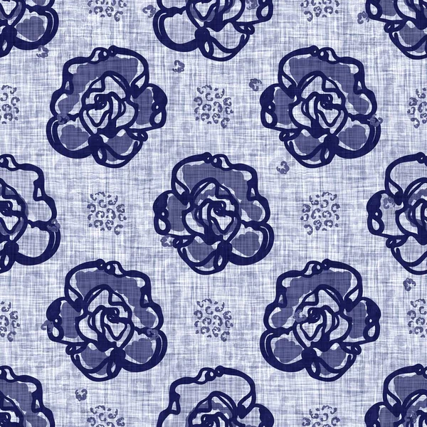 Indigo blauwe bloemenblok print geverfd linnen textuur achtergrond. Naadloze geweven Japanse herhaling batik patroon staal. Bloemen organische distressed wazig blok print over het hele textiel. — Stockfoto