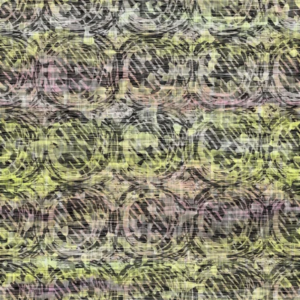 Seamless distressed mottled tie dye woven texture background.Distressed boho blur washed pattern. Blotched aged lime yellow purple cloth effect. Ragged old mash up painterly collage all over print. — Stock Photo, Image