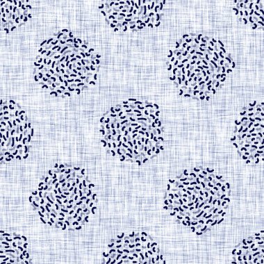 Kusursuz çivit karalama dokusu. Mavi örülmüş boro pamuk boyalı efekt arka planı. Japonlar tekrar ediyorum: Batik yıkamaya karşı koyuyor. Sıkıntılı noktalı boya lekesi. Kumaş izinin her yeri Asyalı..