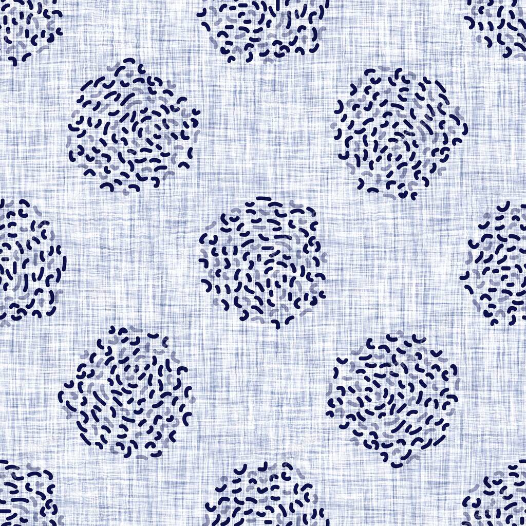 Seamless indigo doodle dot texture. Blue woven boro cotton dyed effect background. Japanese repeat batik resist wash pattern. Distressed dotted dye spot. Asian all over cloth print.