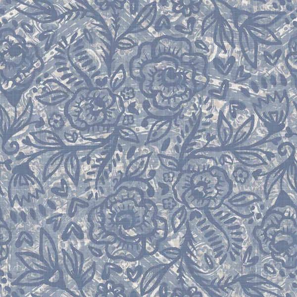 Seamless french farmhouse linen printed floral damask background. Provence blue gray linen pattern texture. Shabby chic style woven blur background. Textile rustic all over print