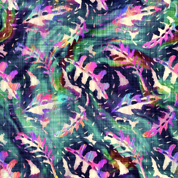 Blurry arco iris glitch fondo de textura follaje artístico. Irregular sangrado acuarela lazo tinte patrón sin costura. Hoja boho distorsionada Ombre por toda la impresión. Efecto húmedo de inmersión de moda variada. —  Fotos de Stock