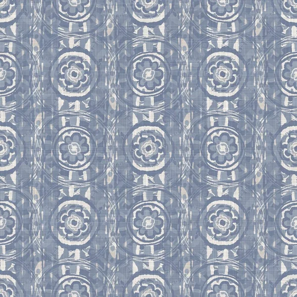 Seamless french farmhouse linen printed floral damask background. Provence blue gray linen pattern texture. Shabby chic style woven blur background. Textile rustic all over print