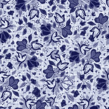 İndigo mavisi çiçek bloğu boyanmış keten desenli arka plan. Kusursuz örülmüş Japonlar batik kumaş örneklerini tekrarlıyorlar. Çiçeksel organik bulanık blok izleri tekstilin her yerinde.
