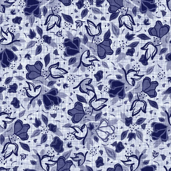 Indigo Blue Blume Block Print gefärbte Leinentextur Hintergrund. Nahtlos gewebter japanischer Swatch mit Batikmuster. Floral Organic Distressed Blur Block Print auf Textilien. — Stockfoto