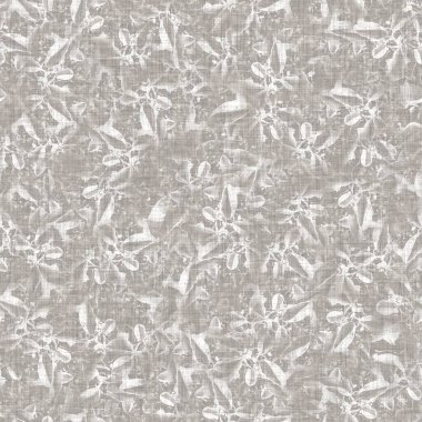 Doğal gri Fransız dokuması keten dokusu arka planı. Eski ecru flax çiçek motifi kusursuz desen. Organik Fransız çiftlik evi tüm baskılar için kumaş dokuyor. Gri çiçek bloğu desenli tuval