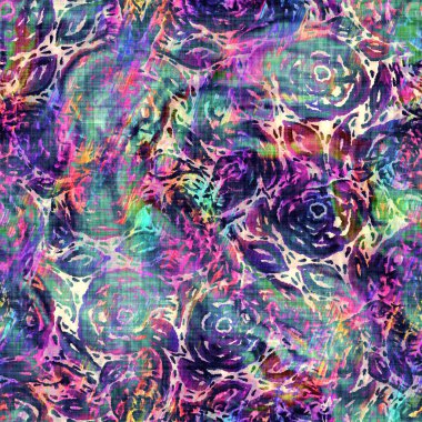 Bulanık gökkuşağı arızası sanatsal kolaj dokusu arka planı. Düzensiz kanayan suluboya kravat, dikişsiz boya deseni. Ombre boho batik 'i her yerde bozmuş. Değişik modaya uygun ıslak etki.