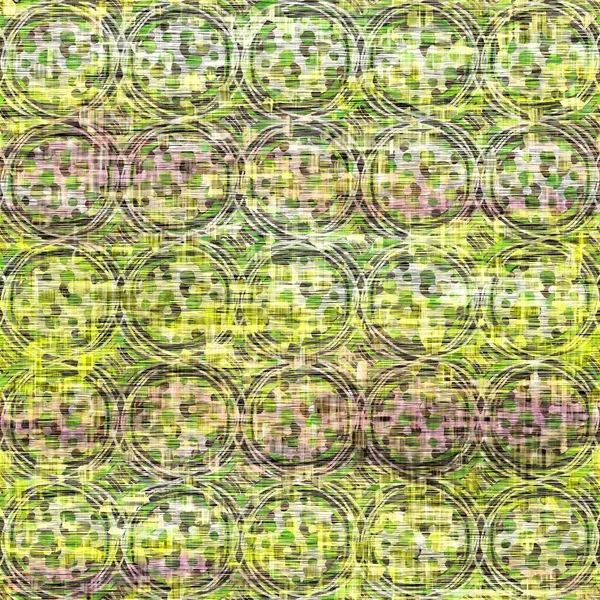 Seamless distressed mottled tie dye woven texture background.Distressed boho blur washed pattern. Blotched aged lime yellow purple cloth effect. Ragged old mash up painterly collage all over print. — Stock Photo, Image