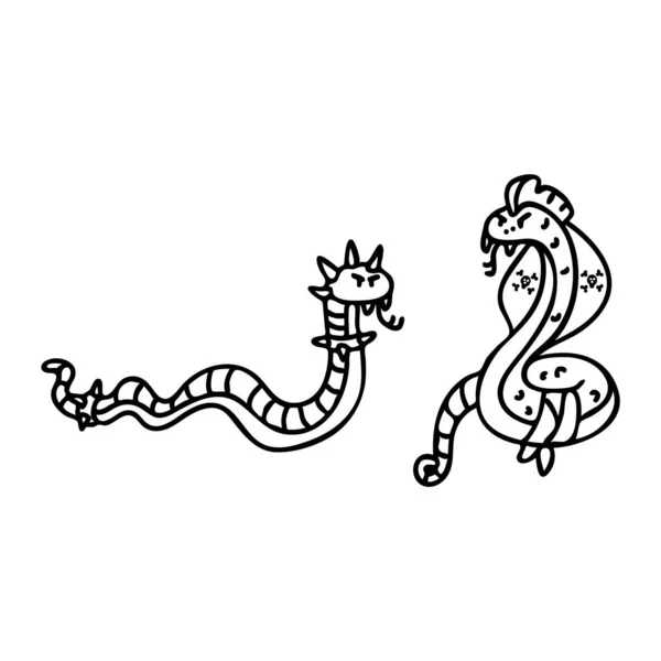 Punk rock serpent et cobra monochrome lineart illustration clipart. Autocollant alternative simple. Enfants emo rocker coloriage mignon dessin animé dessin animé motif animal. — Image vectorielle