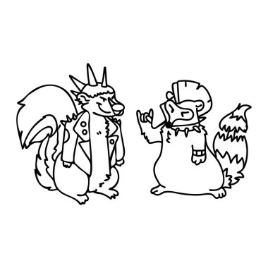 Punk rock raccoon and skunk monochrome lineart illustration clipart. Simple alternative sticker. Kids emo rocker coloring page cute hand drawn cartoon animal motif.  clipart