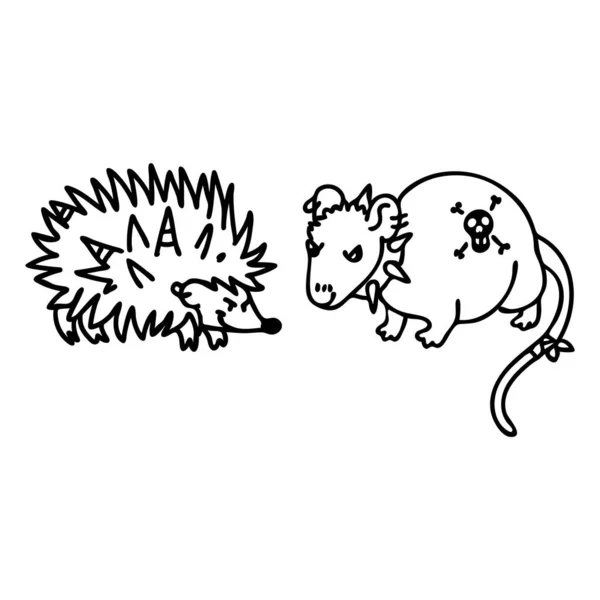 Монохромный арт-клип панк-рока "Свинья и крыса". Простой альтернативный стикер. Детский эмо-рокер раскраска страницы симпатичный нарисованный вручную мультфильм на животный мотив. — стоковый вектор