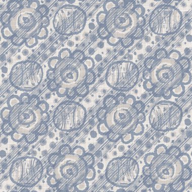 Kusursuz Fransız çiftlik evi ketenleri çiçek desenli kumaş arka planda. Provence mavi gri keten desenli doku. Eski püskü, şık, bulanık bir arka plan. Her yerde tekstil kırsalı var.