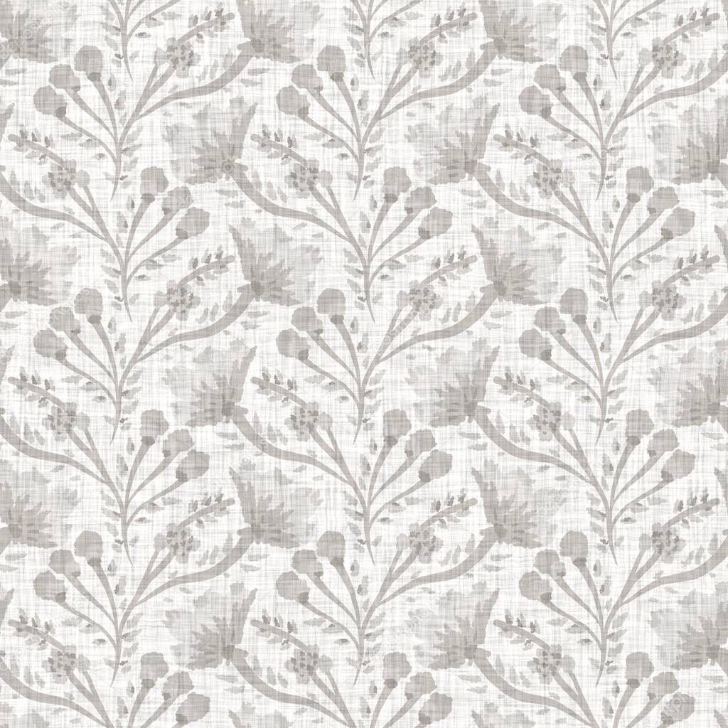 Natural gray french woven linen texture background. Old ecru flax bloom motif seamless pattern. Organic french farmhouse weave fabric for all over print. Greige flower block print textured canvas