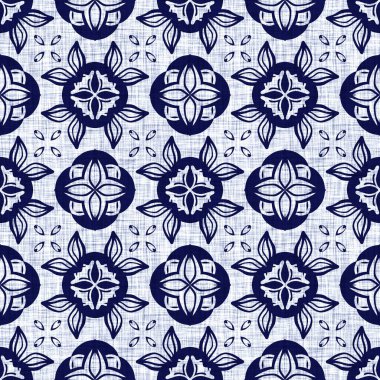 Kusursuz çivit mavisi dokusu. Donanma mavisi işlemeli pamuk boyalı efekt arka planı. Japonlar batik direncini tekrarlıyor. Kumaşın her yerinde Asya füzyonu var..