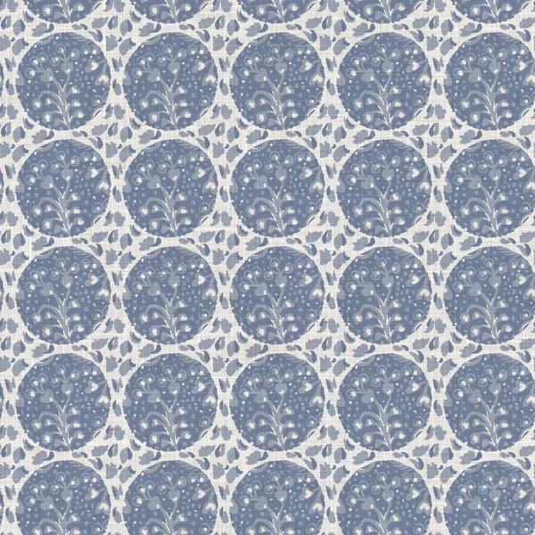 Seamless french farmhouse dotty linen pattern. Provence blue white woven texture. Shabby chic style decorative circle dot fabric background. Textile rustic all over print