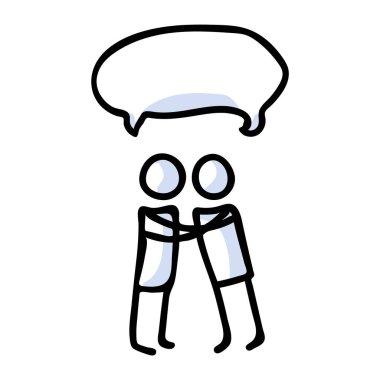 El çizimi Stickman, sarılma arkadaşını konuşma balonu konseptiyle rahatlatıyor. Basit bir zihinsel sağlık karalama ikonu parçası. Depresyon farkındalığı çizimi için. 