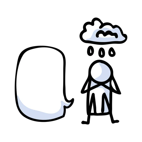 Ręcznie rysowane stickman smutny pomysł płaczu z bańki mowy. Prosty zarys ikony zdrowia psychicznego doodle clipart. Dla ilustracji szkicu świadomości depresji. — Wektor stockowy