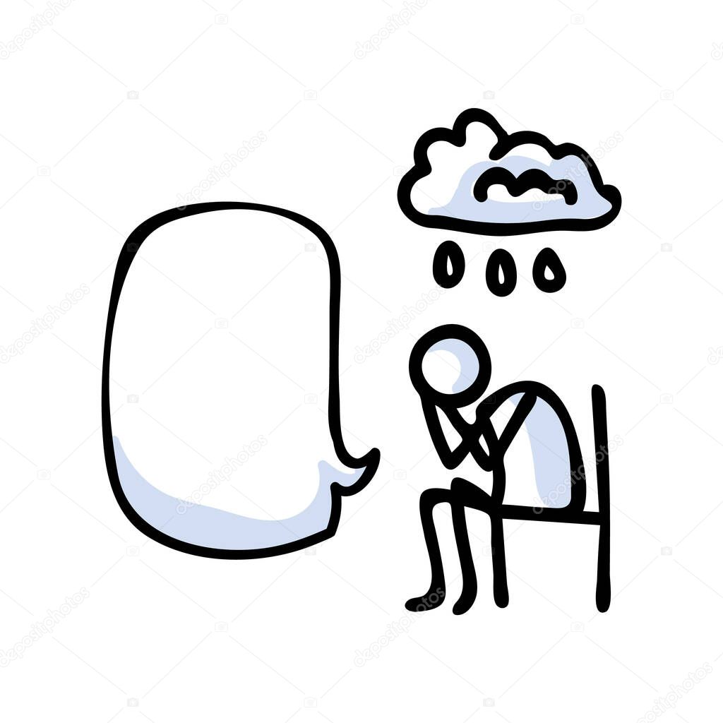 Hand drawn stickman sad crying concept with speech bubble. Simple outline mental health doodle icon clipart. For depression awareness sketch illustration. 
