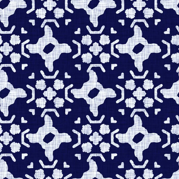 Nahtlose Indigo-Damast-Textur. Marineblaues Gewebe verziert Baumwolle gefärbt Effekt Hintergrund. Japaner wiederholen Batikmuster. Asiatische Verschmelzung über textilem Unschärfedruck. — Stockfoto