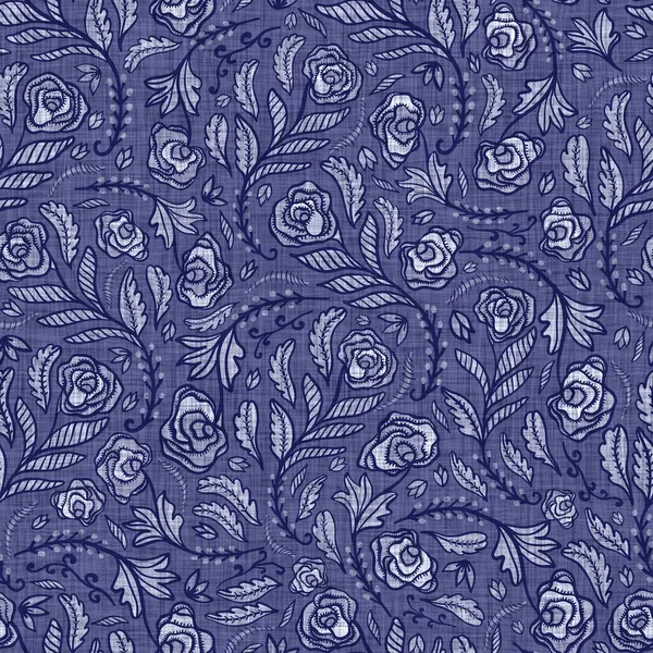 Indigo Blue Blume Block Print gefärbte Leinentextur Hintergrund. Nahtlos gewebter japanischer Swatch mit Batikmuster. Floral Organic Distressed Blur Block Print auf Textilien. — Stockfoto