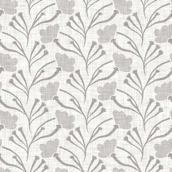 Natural gray french woven linen texture background. Old ecru flax bloom motif seamless pattern. Organic french farmhouse weave fabric for all over print. Greige flower block print textured canvas — Stock Photo, Image