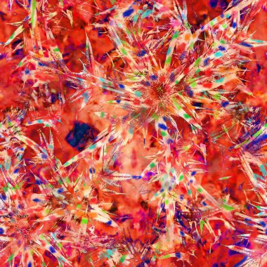 Bulanık kırmızı boyalı suluboya çiçek desenli kolaj arka planı. Grunge kravatlı, boyalı, çiçekli, pürüzsüz desenli. Yazdırma üzerinde değişken parlak ombre arıza efekti.