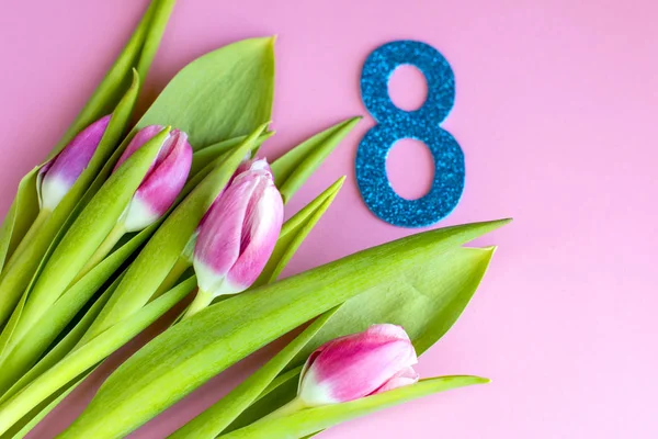 Pink tulips. Bouquet of flowers on a pink background. Spring festival.