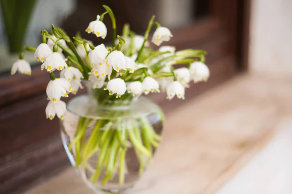 Açık yuvarlak kabarcık kase cam vazo içinde sunulan güzel bahar kar taneleri buket.