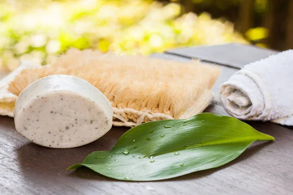 Doğal gri kil, yüz ve vücut yıkama için el yapımı sabun bar. Yeşil yaprak yağmur damlaları, toplu ile el havlusu ve sisal duş fırçayı bir sıfır atık banyo ya da spa merkezi dekorasyon için.