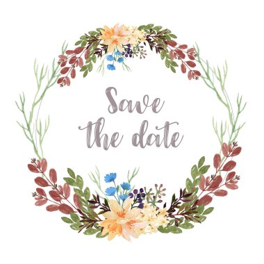 Metin çerçevesi kenarlığı, beyaz arka plan üzerinde izole yemyeşil çiçek aquarelle ile çelenk suluboya çiçek el boyalı. Kaydet Tarih, düğün davetiye, poster, Afiş kartı için dekor Tasarla.