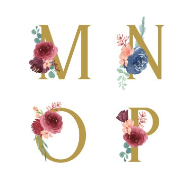 Altın Alfabe çiçek setcollection, Mavi-kırmızı gül ve pembe şakayık çiçek buketleri, Düğün davetiyesi için tasarım, evlilik kutlamak, Teşekkürler kart dekorasyon vintage illüstrasyon