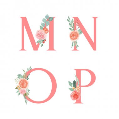 Pembe Alfabe çiçek setcollection, şeftali ve turuncu şakayık çiçek buketleri vintage, Düğün davetiyesi için Tasarım, evlilik kutlamak, Teşekkürler kart dekorasyon vektör illüstrasyon.