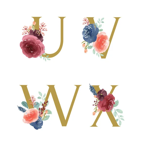 Золотий алфавіт колекція квітів, букети з синьо-червоних троянд і рожевих півоній, дизайн для весільних запрошень, святкування шлюбу, подяка листівка прикраси старовинні ілюстрації — стоковий вектор