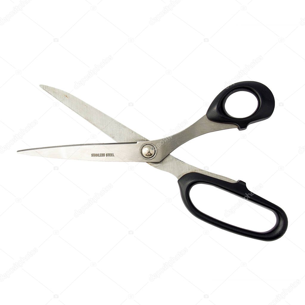 Stainless steel scissors with black handles isolated on a white background.