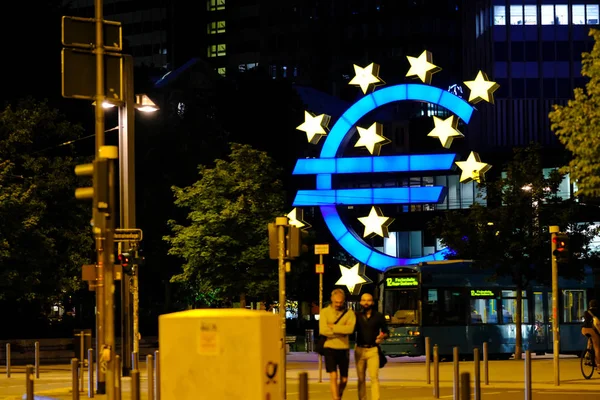 Euro Currency Sign Front Eurotower Night Frankfurt — Stock Photo, Image