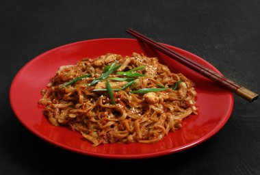 Çin Noodle Udon, tavuk fileto, sebze, istiridye ve soya sos, kırmızı plaka üzerinde fıstık