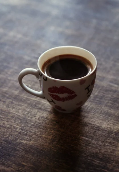 Uma Chávena Café Numa Mesa Castanha Vista Cima — Fotografia de Stock