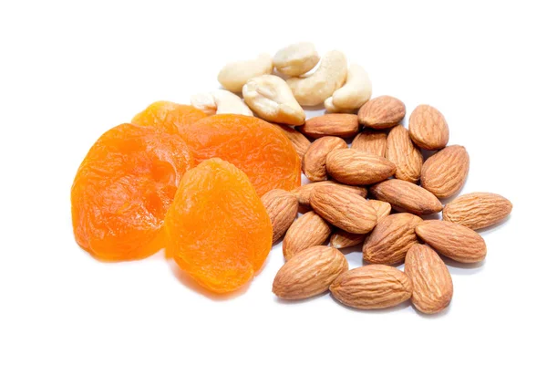 Dried Apricots Almonds Cashews Isolated White Background Side View — Stock Photo, Image