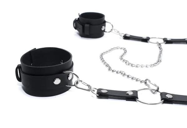 Black Leather Handcuffs Isolated White Background Bdsm Kit — Stock Photo, Image