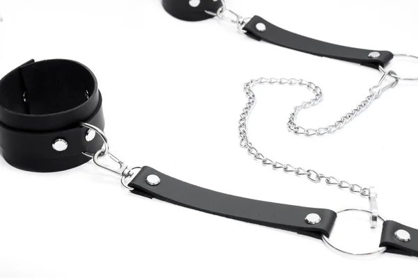 Black Leather Handcuffs Isolated White Background Bdsm Kit — Stock Photo, Image