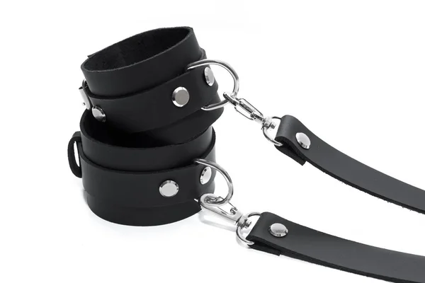 Black Leather Handcuffs Isolated White Background Bdsm Kit — Stock Photo, Image